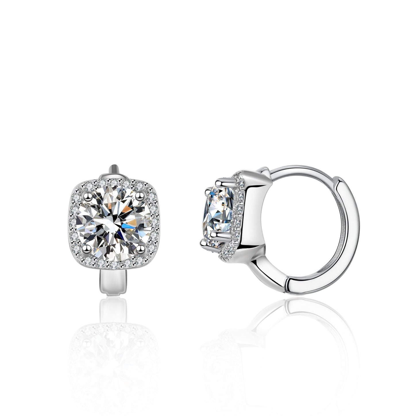 A pair of silver-toned hoop earrings with cushion-cut clear gemstones and small accent stones, shown from front and side angles on a white background with a soft reflection.