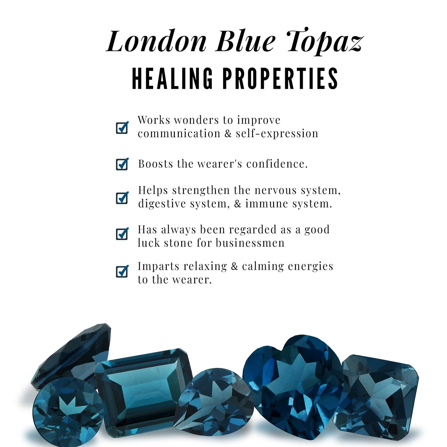London Blue Topaz stones with healing properties listed on a white background
