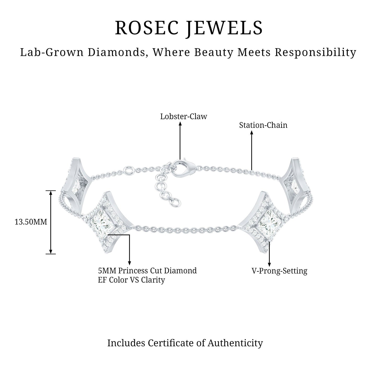 Certified Princess Cut Lab Grown Diamond Bridal Bracelet