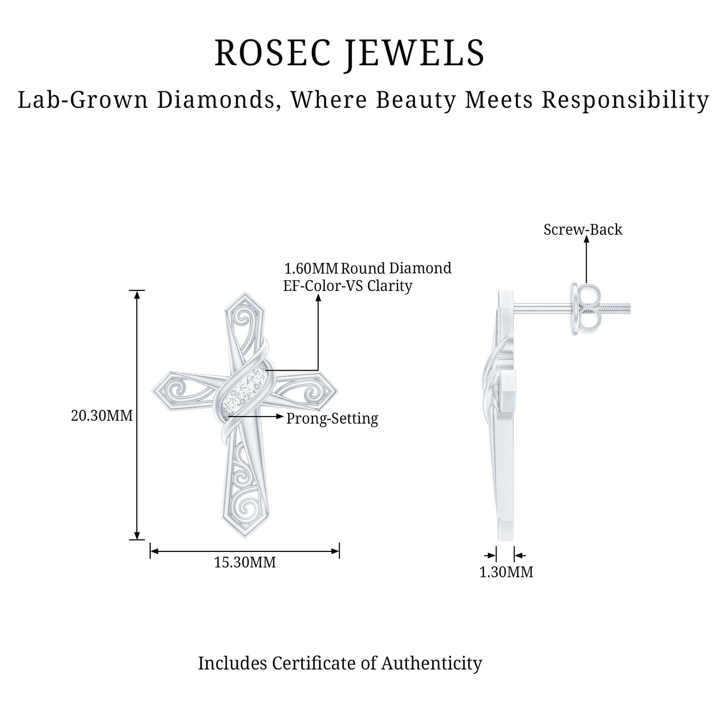 Certified Lab Grown Diamond Cross Art Deco Stud Earrings