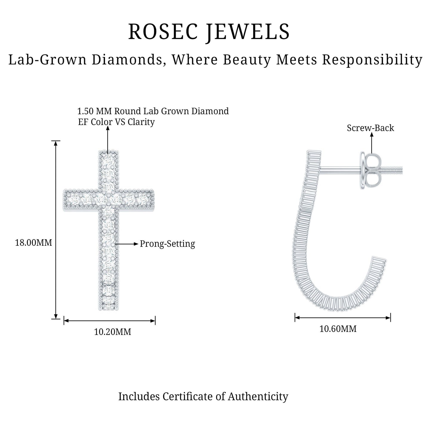 Lab Grown Diamond Religious Cross Earrings with Screw back