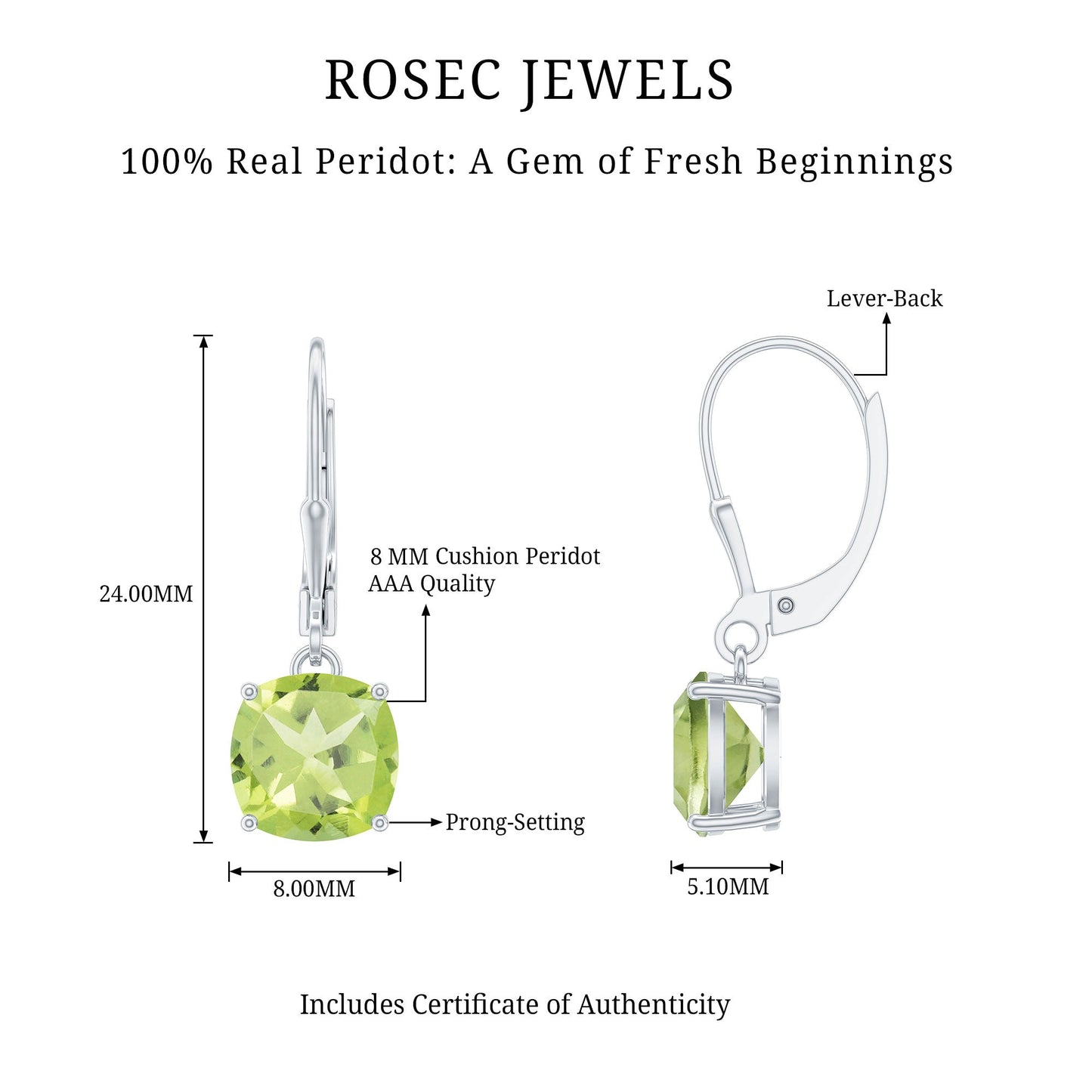4 Carat Cushion Cut Peridot Solitaire Drop Earrings with Leverback