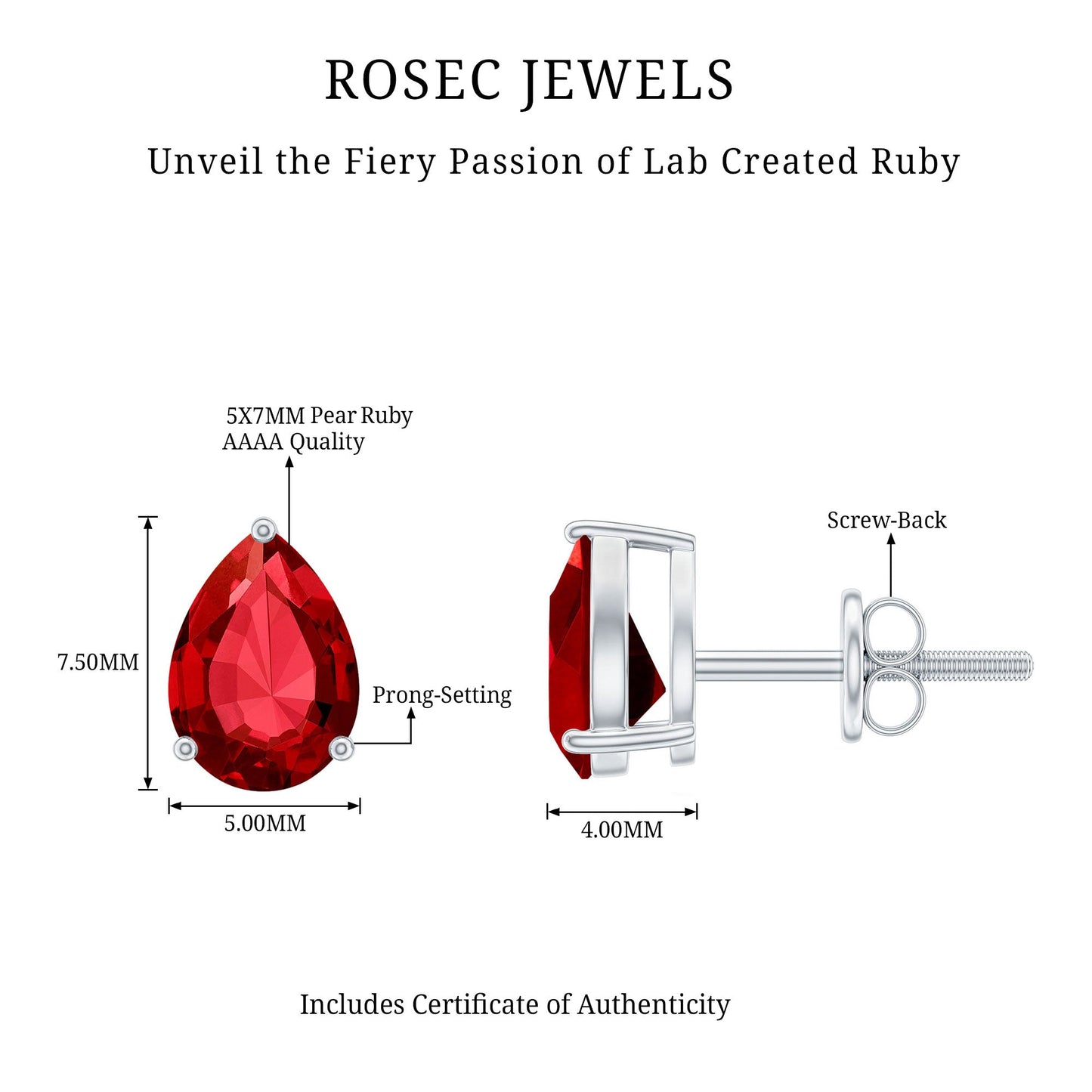 Solitaire 5X7MM Pear Shaped Lab Created Ruby Stud Earrings