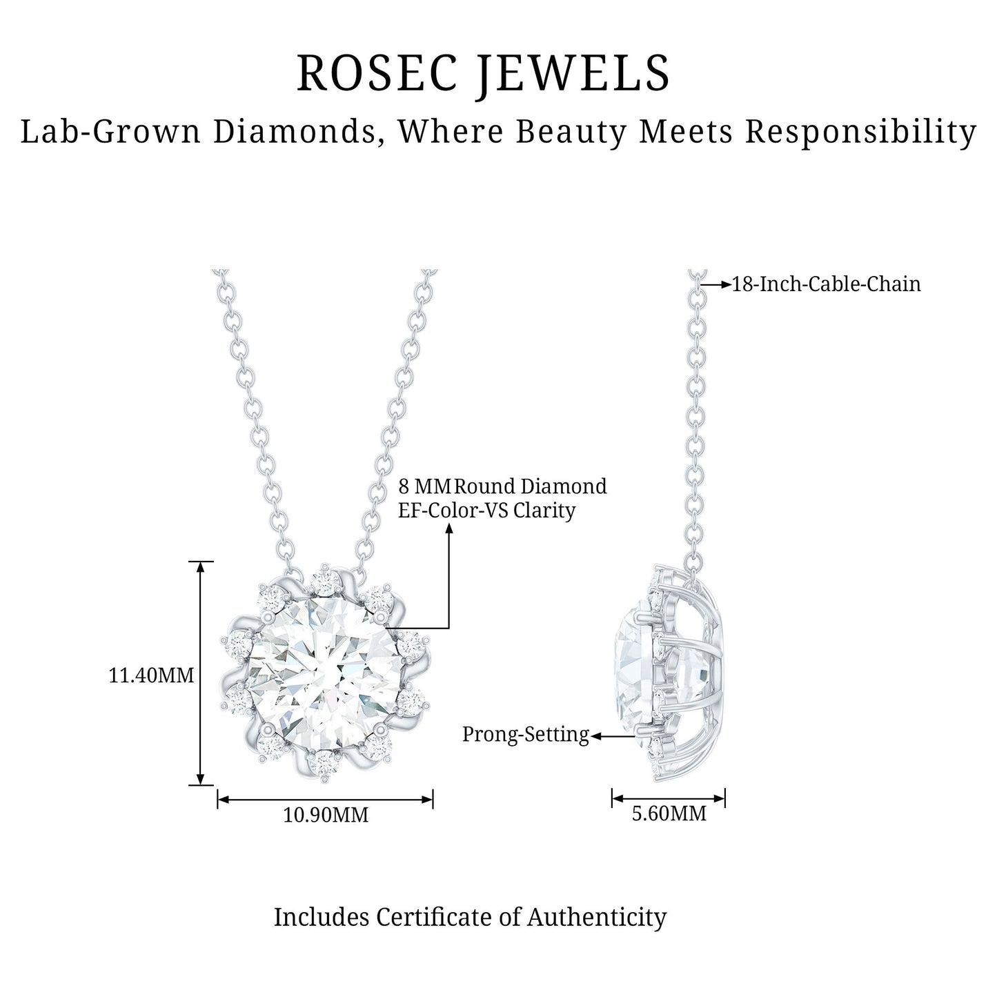 8 MM Round Cut Lab Grown Diamond Starburst Necklace