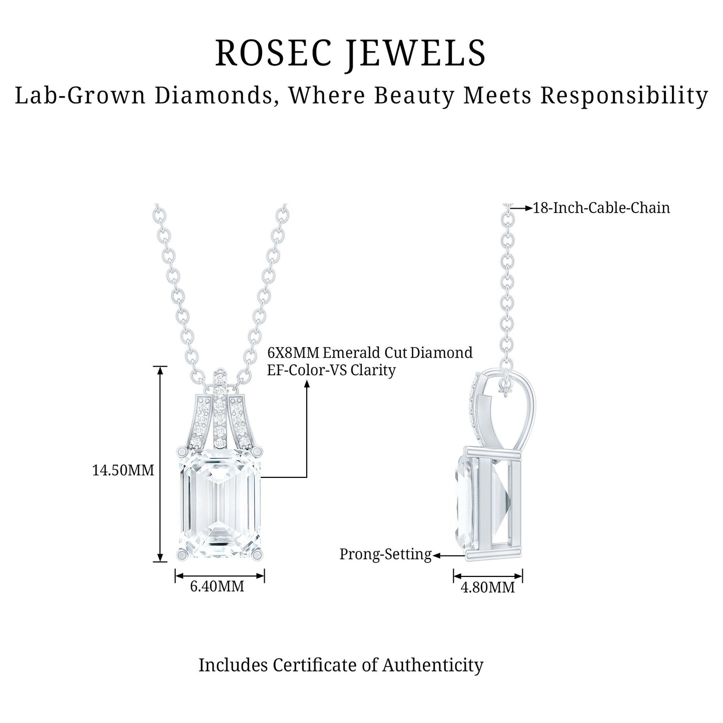 6X8 MM Solitaire Lab Grown Diamond Emerald Cut Necklace