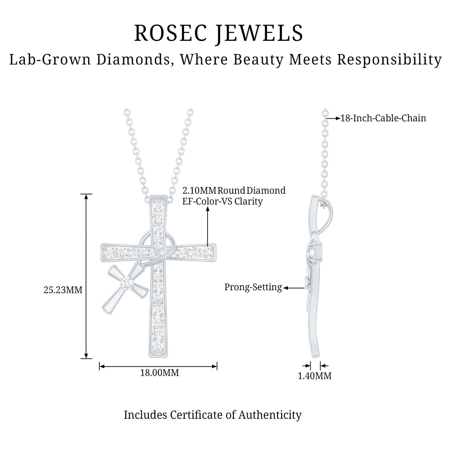 Pave Set Lab Grown Diamond Double Cross Charm Necklace