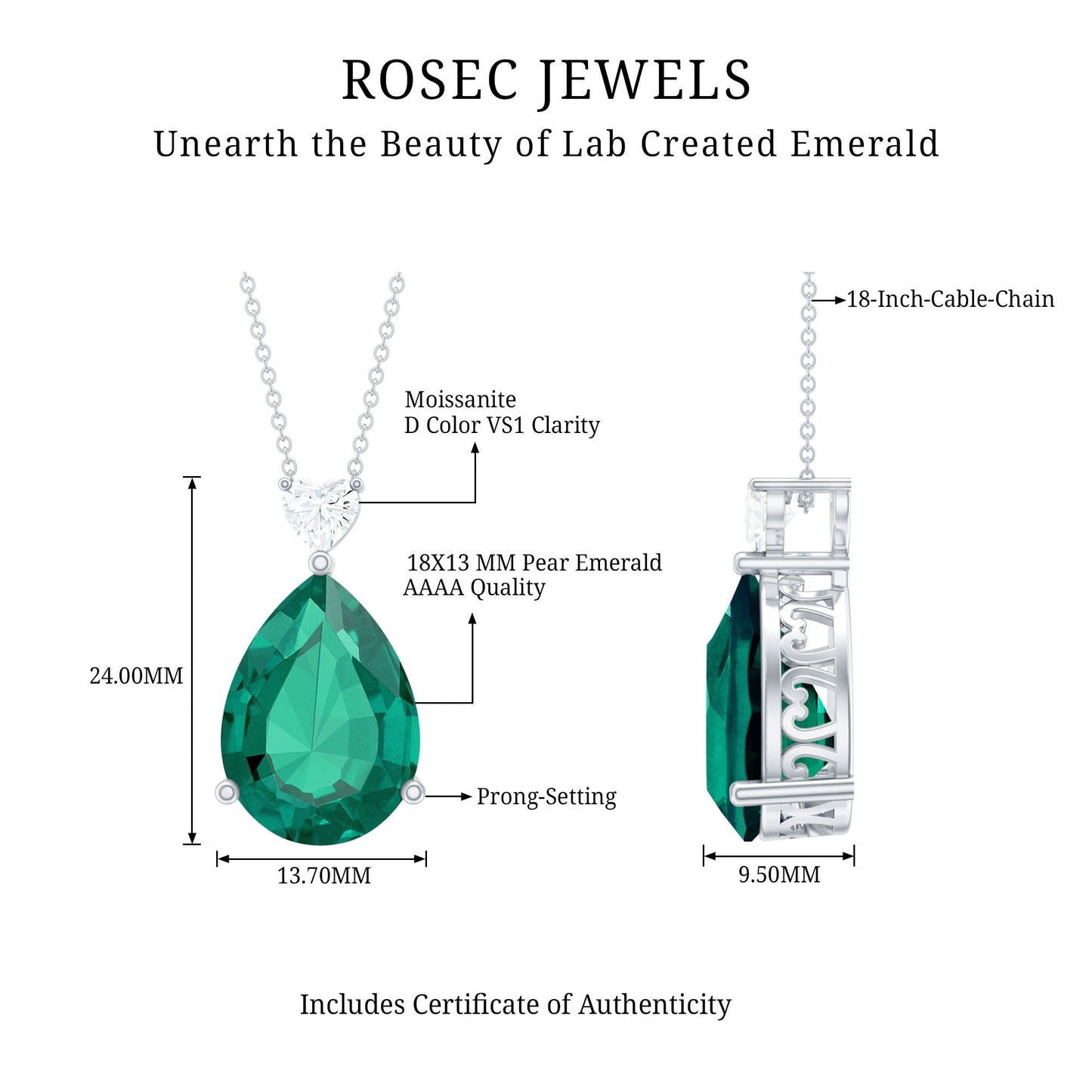 Rosec Jewels emerald necklace with detailed specifications on a white background