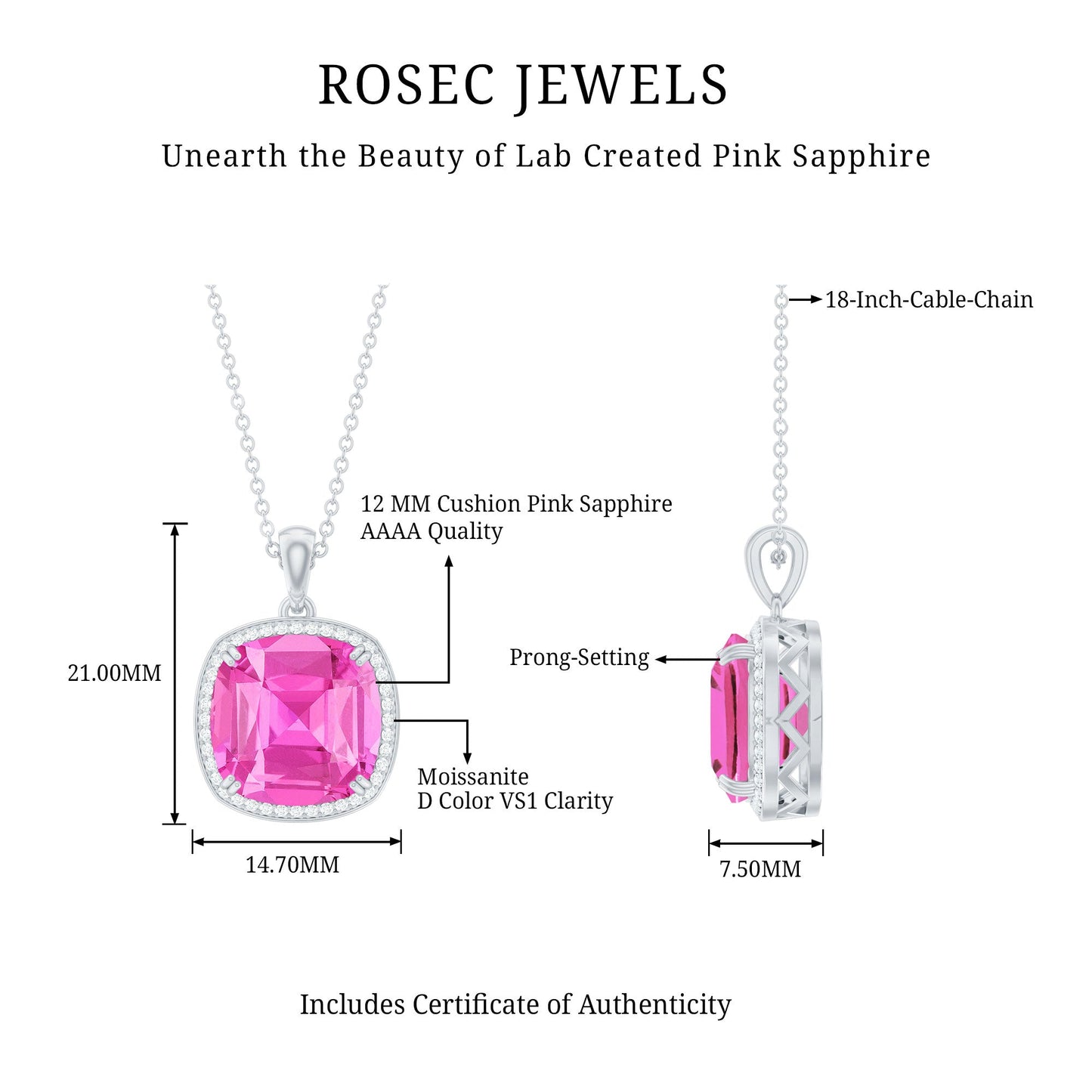 Created Pink Sapphire and Moissanite Halo Pendant Necklace