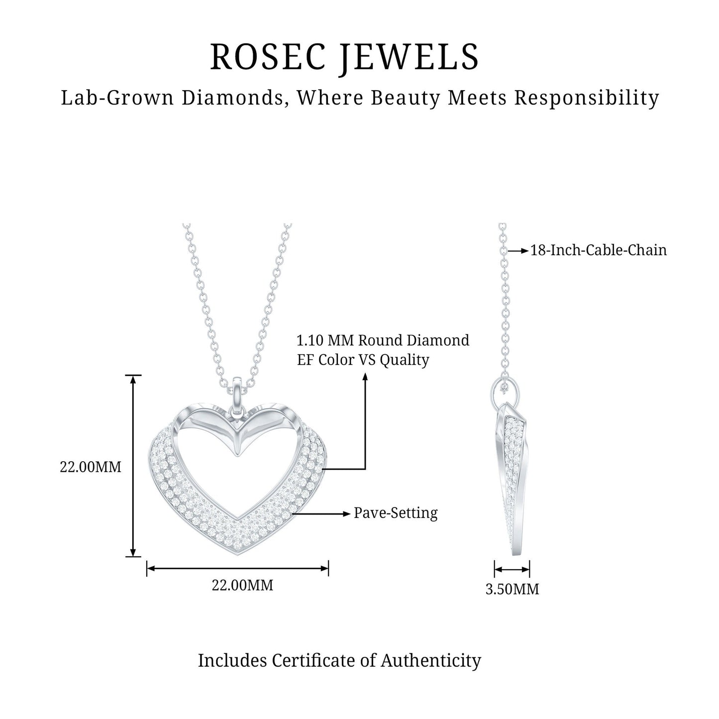 Pave Set Lab Grown Diamond Heart Necklace For Women