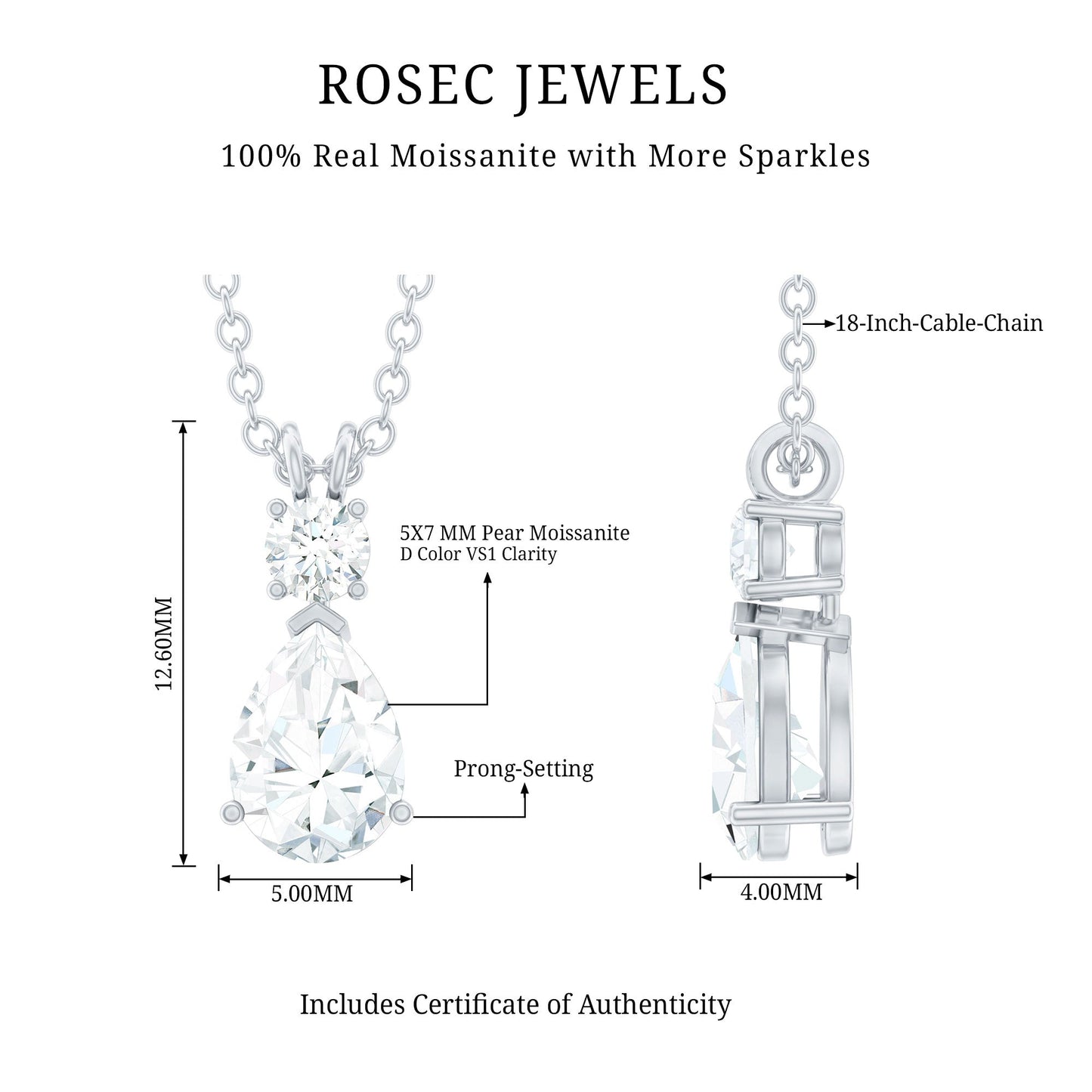 Certified Round and Pear Shaped Moissanite Two Stone Pendant