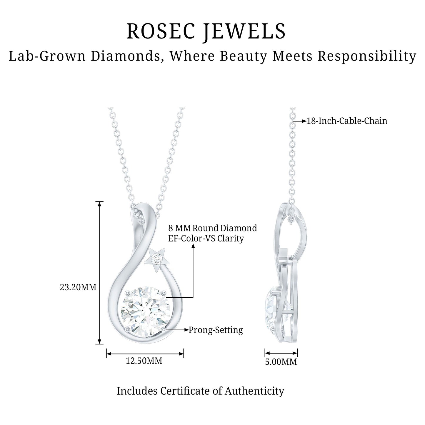 8 MM Round Solitaire Lab Grown Diamond Teardrop Necklace