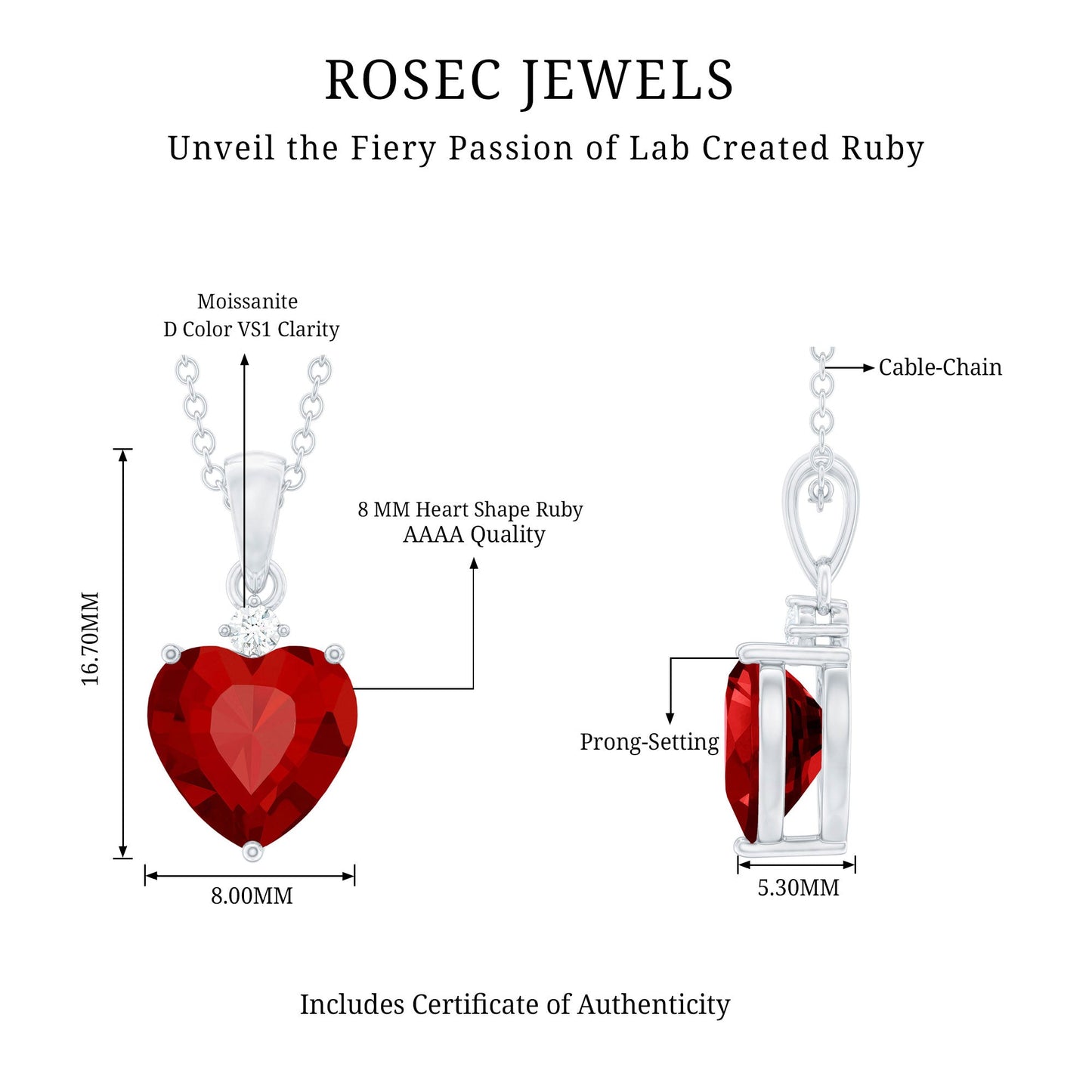 2 CT Lab Grown Ruby Heart Pendant Necklace with Moissanite