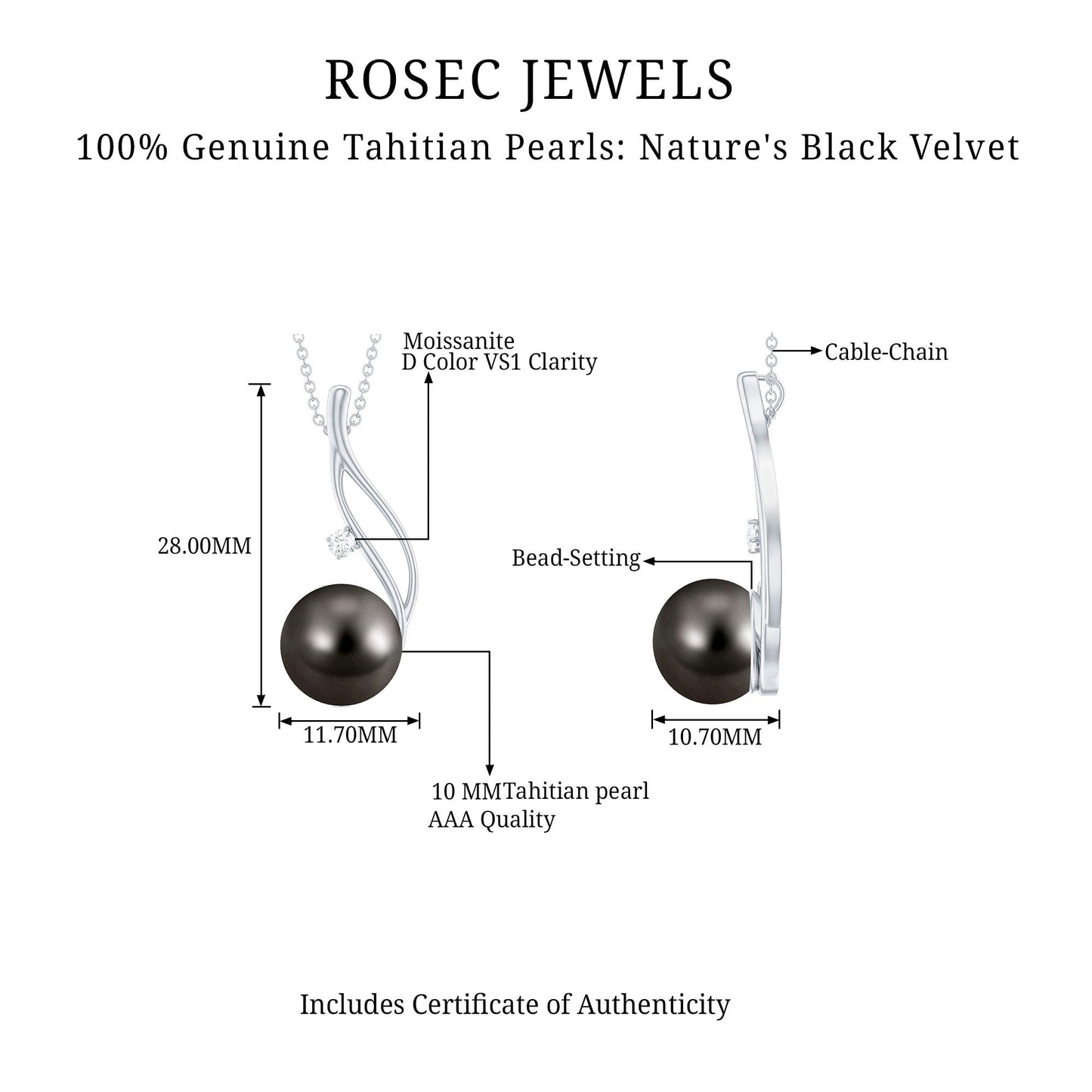 Rosec Jewels necklace with Tahitian pearls and moissanite, labeled with measurements and quality details.