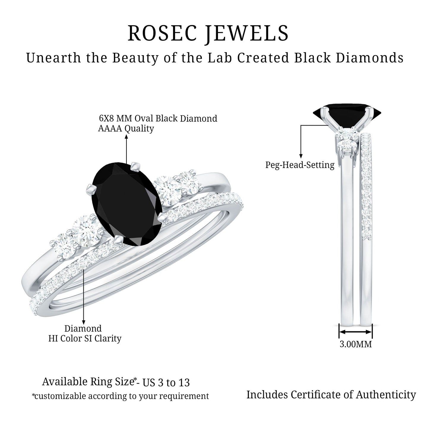 1.5 CT Oval Created Black Diamond Solitaire Ring Set with Diamond