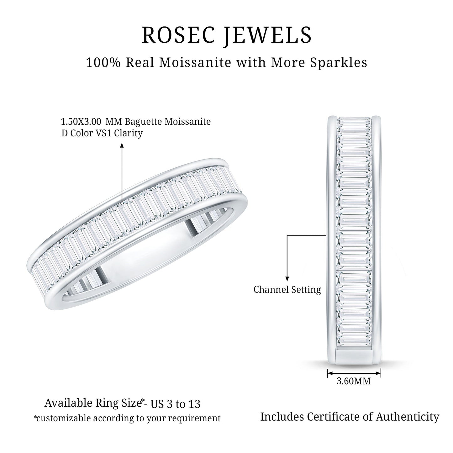 Baguette Cut Moissanite Wedding Band in Channel Setting