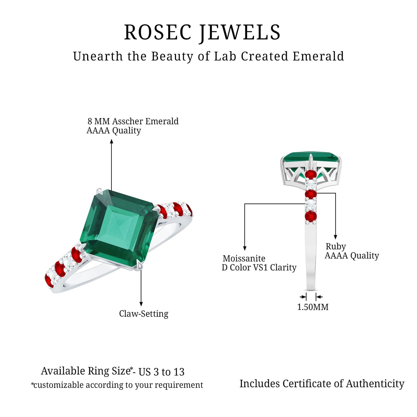 Lab Created Emerald Engagement Ring with Lab Created Ruby and Moissanite
