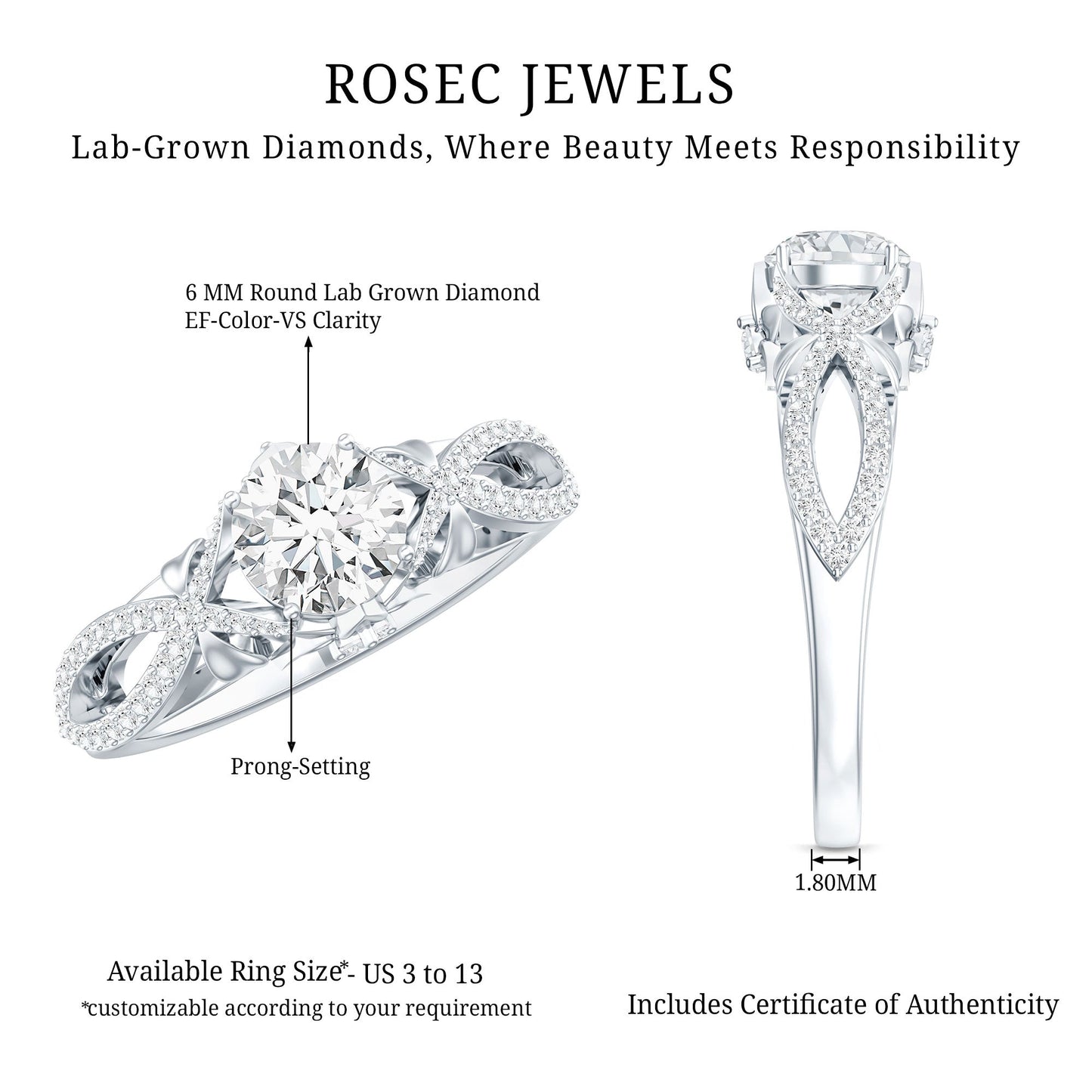 Certified 6 MM Lab Grown Diamond Crossover Engagement Ring