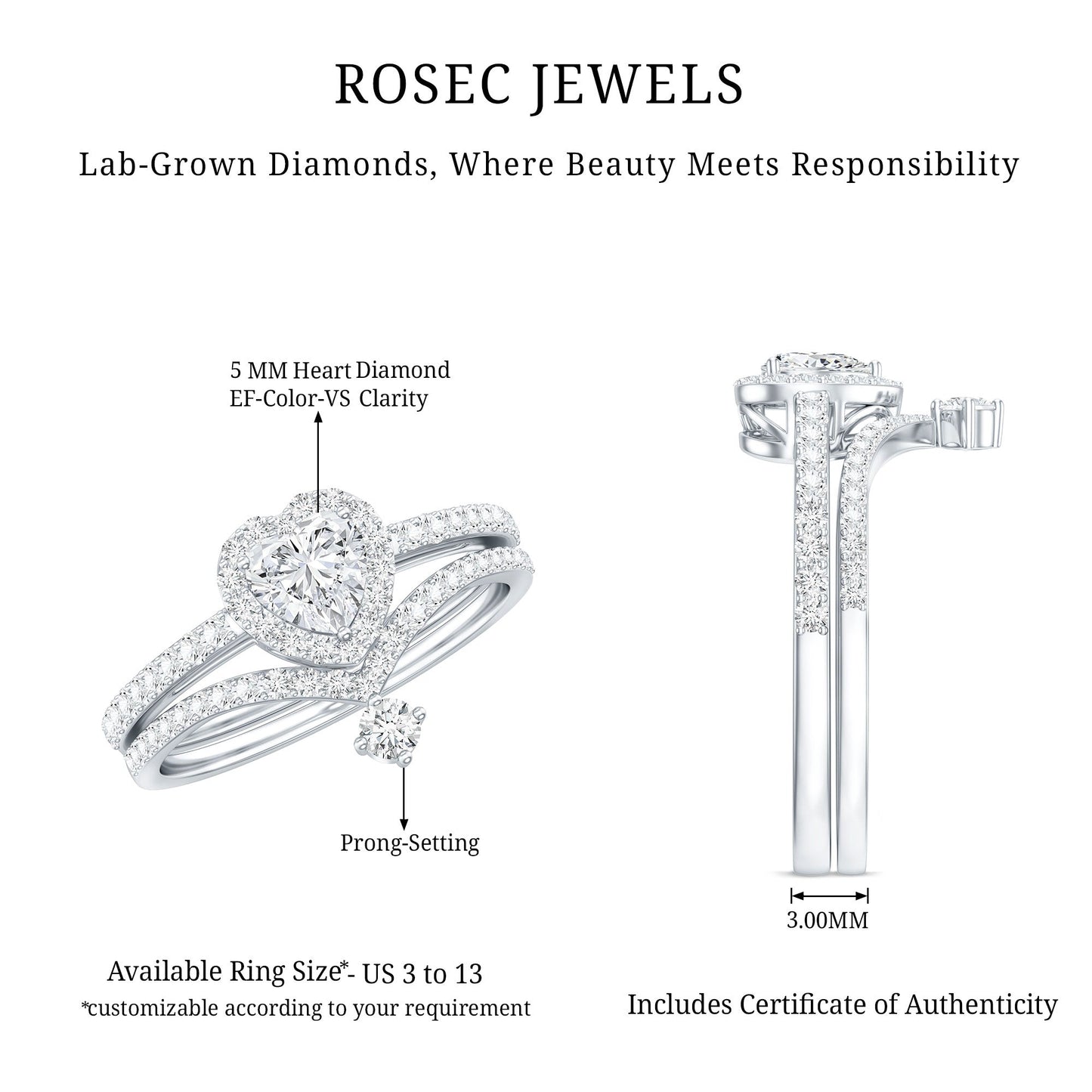 Certified 5 MM Lab Grown Diamond Heart Bridal Ring Set