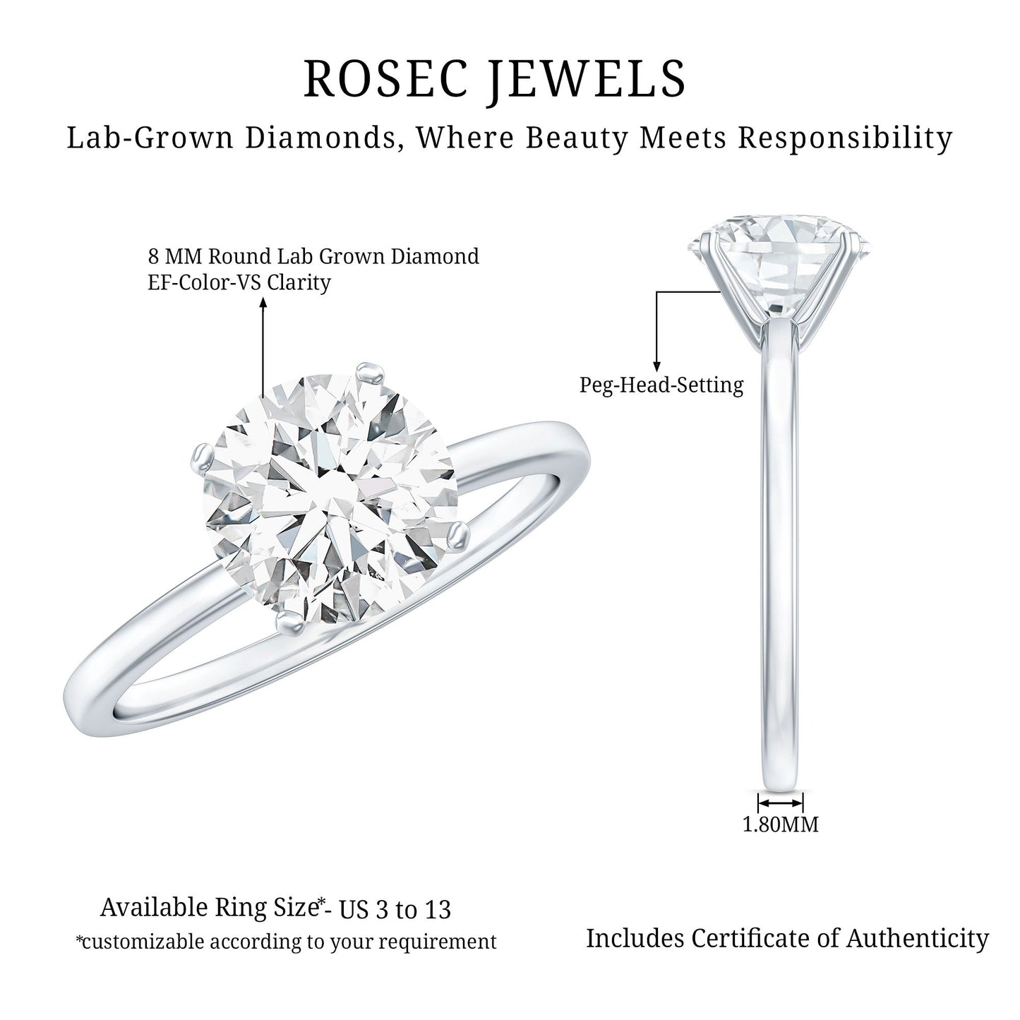 Certified 8 MM Round Lab Grown Diamond 4 Prong Engagement Ring