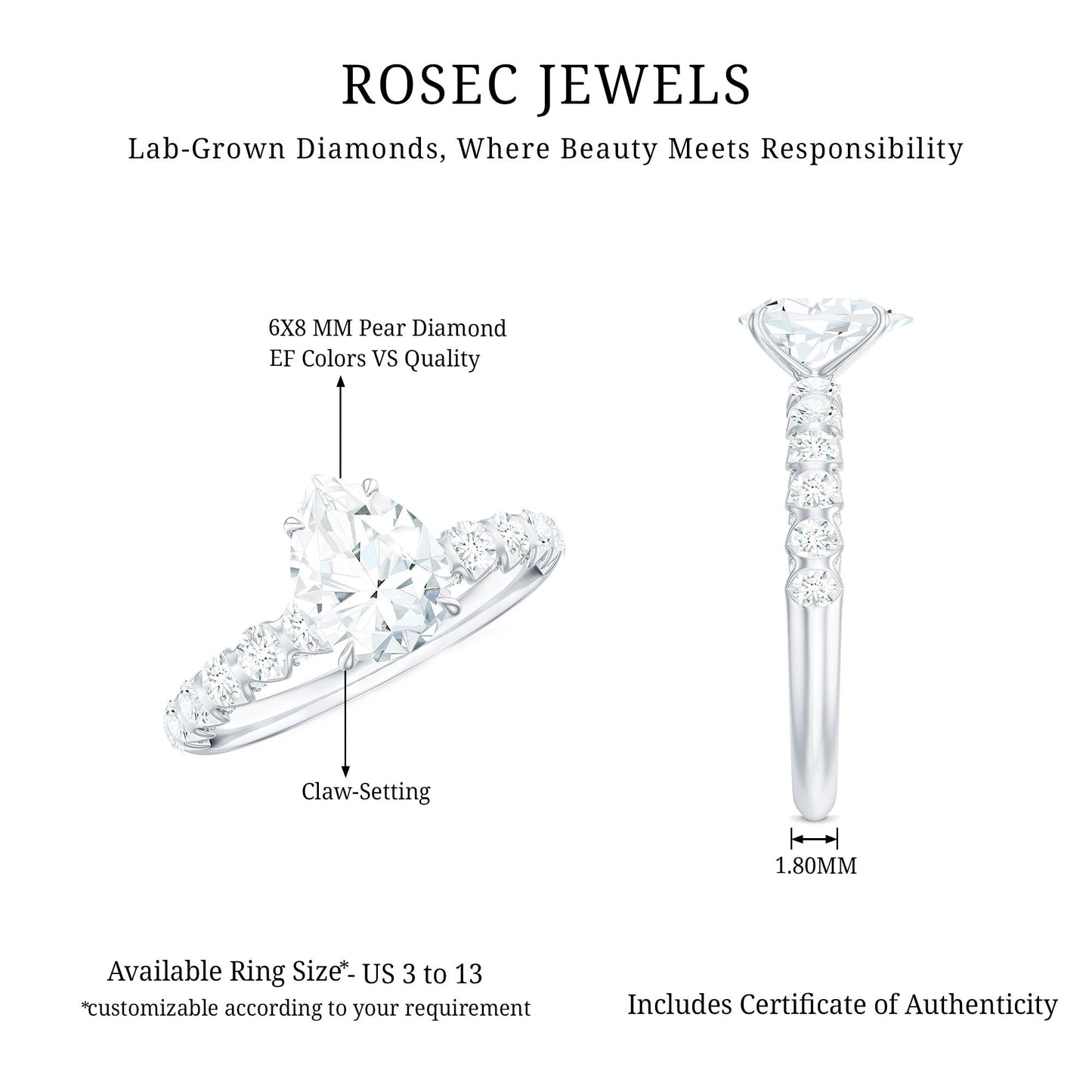 1 CT Pear Cut Lab Grown Diamond Engagement Ring for Women