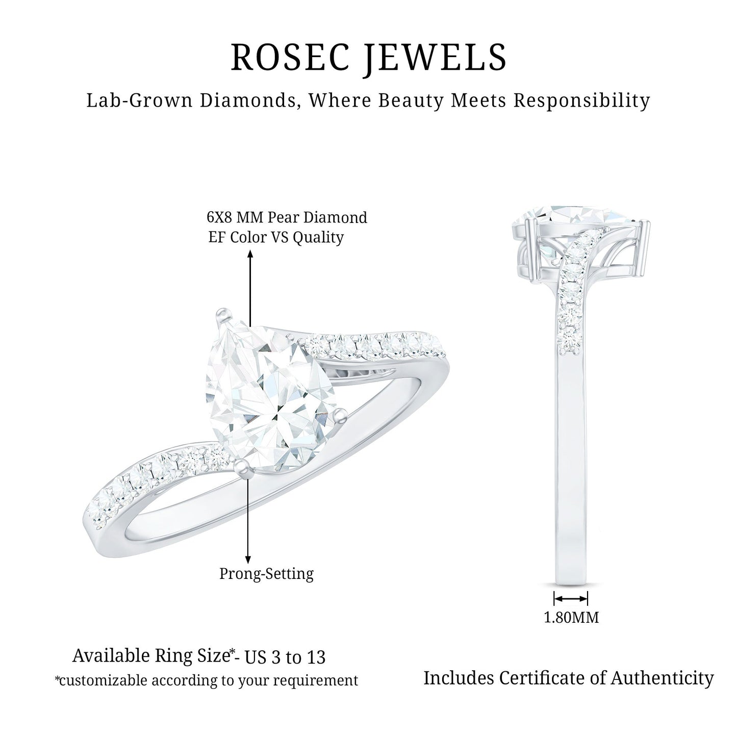 Certified 6X8 MM Pear Cut Lab Created Diamond Teardrop Engagement Ring