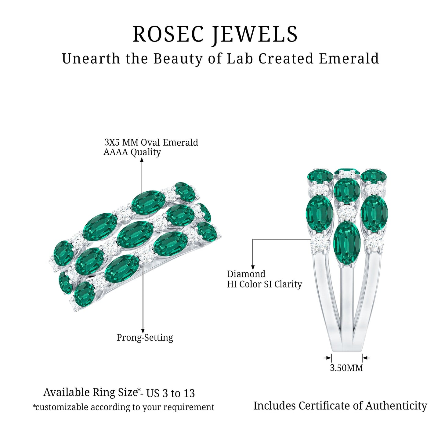 Oval Cut Lab Grown Emerald Statement Wedding Band with Diamond