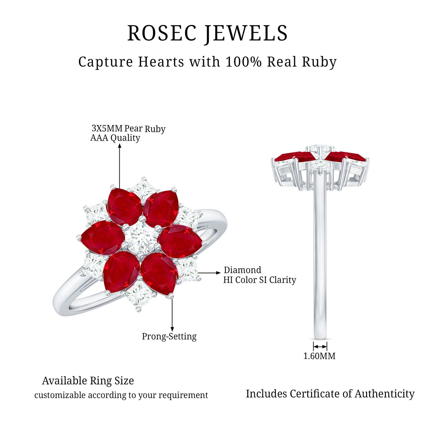 Natural 1.8 Carat Ruby Diamond Flower Engagement Ring for Women