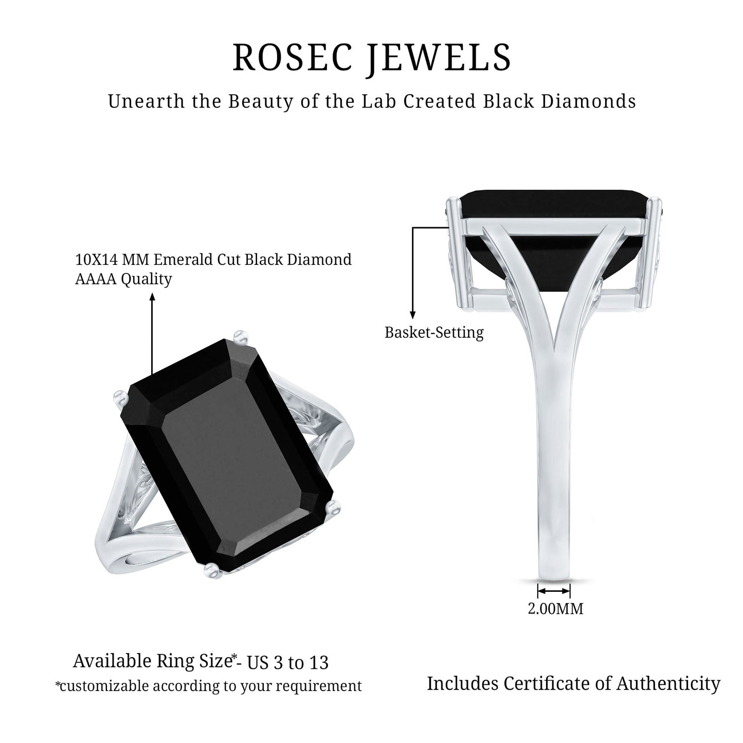 Certified Lab Grown Black Diamond 10X14 MM Emerald Cut Solitaire Ring