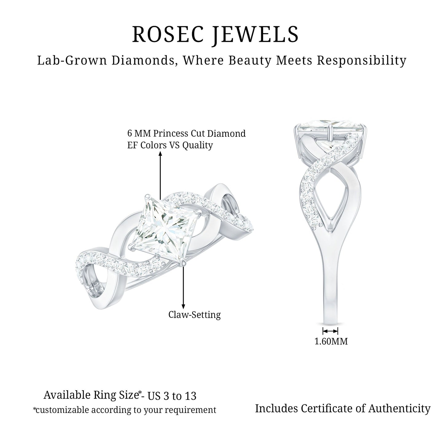Lab Diamond Crossover Ring with Side Stones
