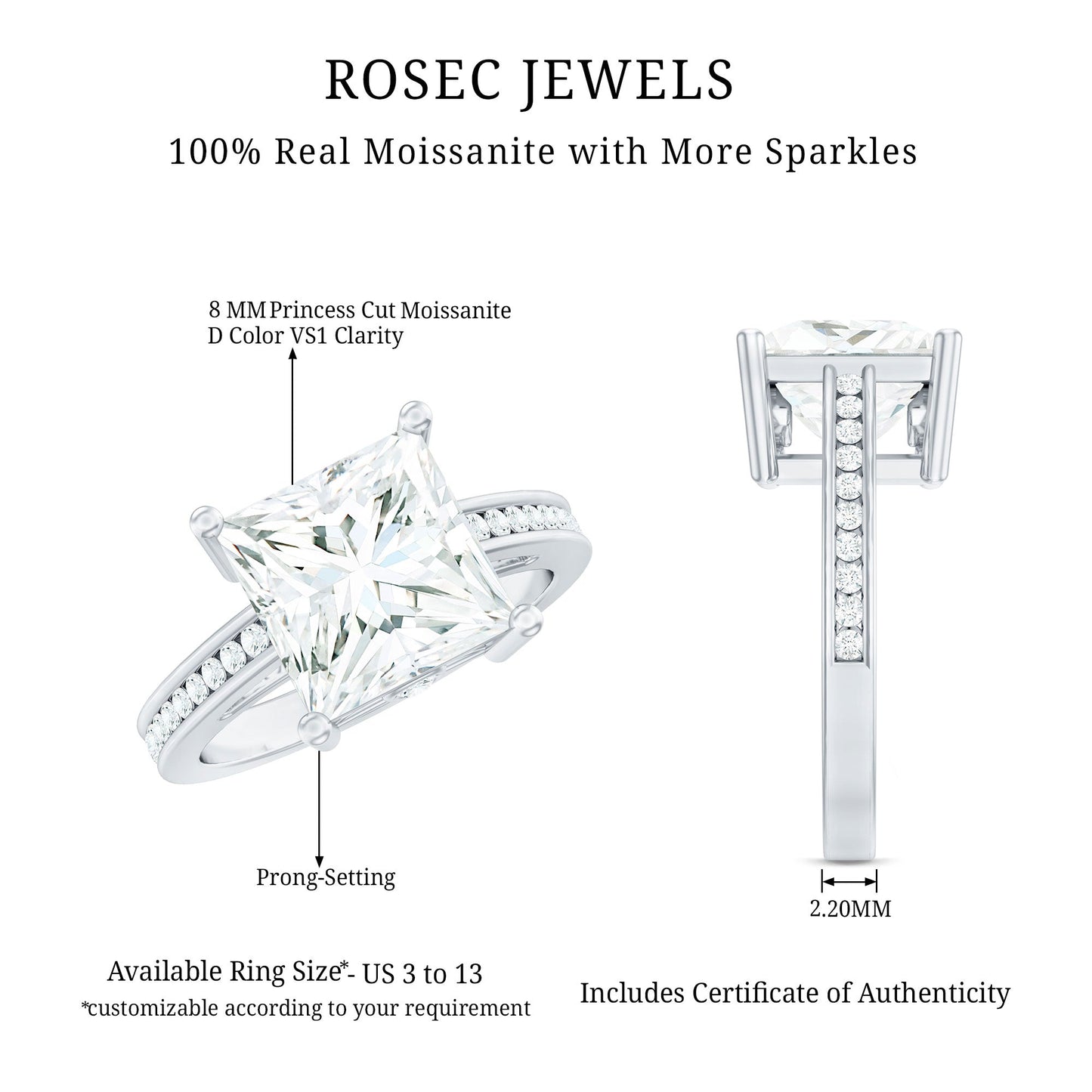Solitaire Moissanite Princess Cut Engagement Ring with Side Stones