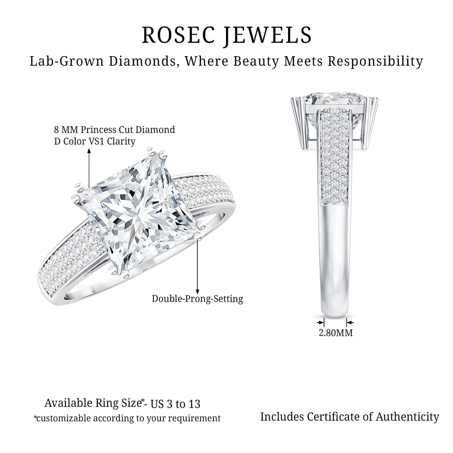 8MM Princess Cut Moissanite Side Stone Engagement Ring