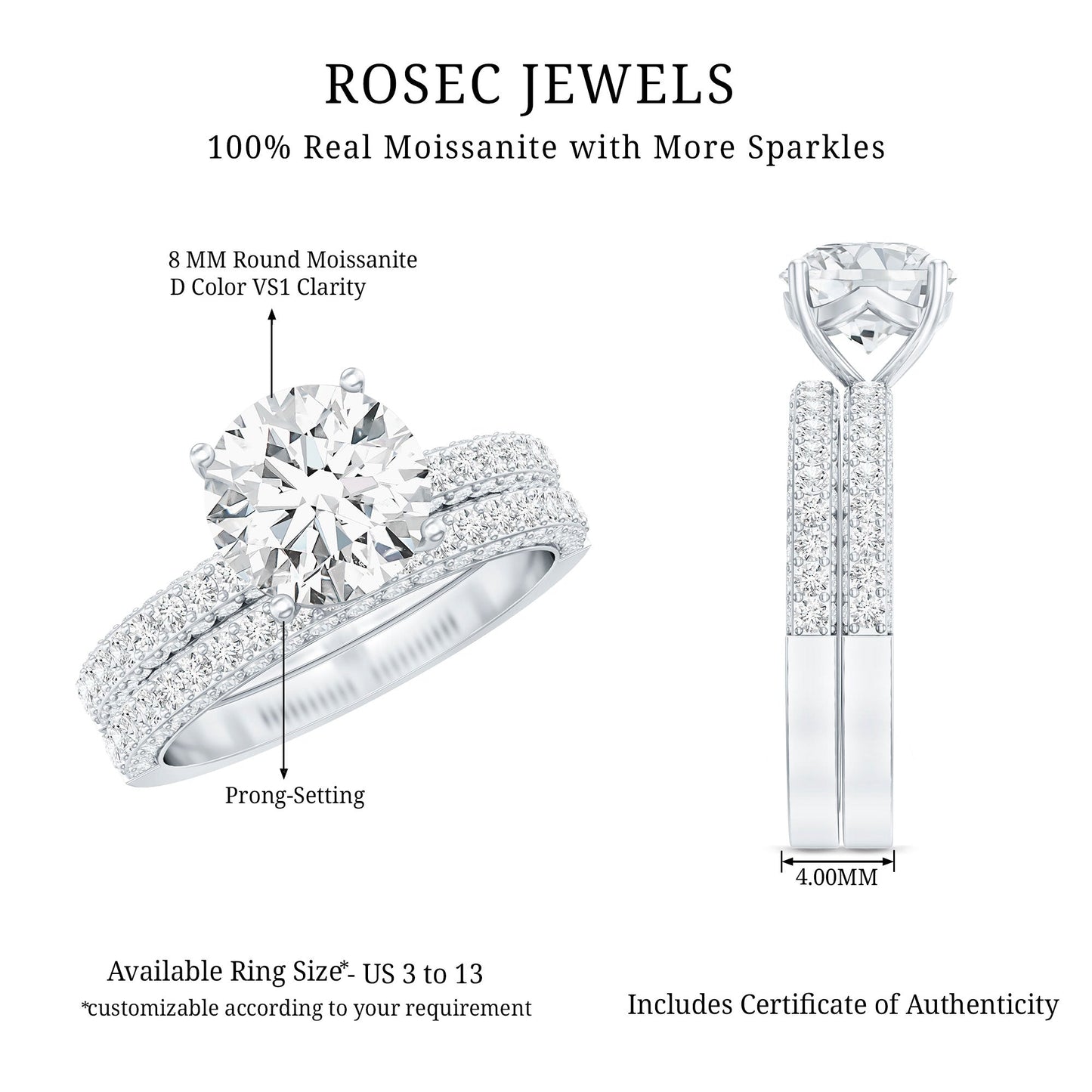 High Set Moissanite Solitaire Engagement Ring with Matching Band