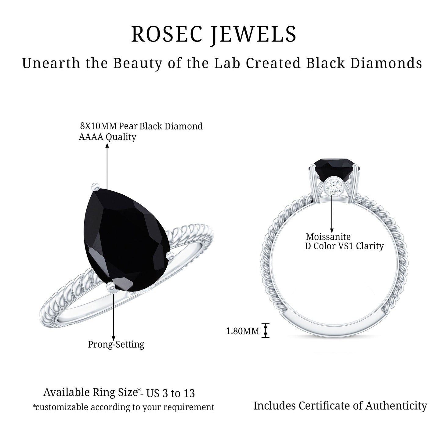 Created Black Diamond and Moissanite Teardrop Ring with Twisted Rope Band