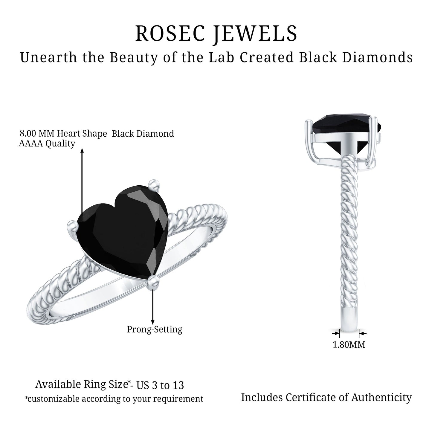 2.4 Carat Solitaire Lab Created Black Diamond Heart Engagement Ring