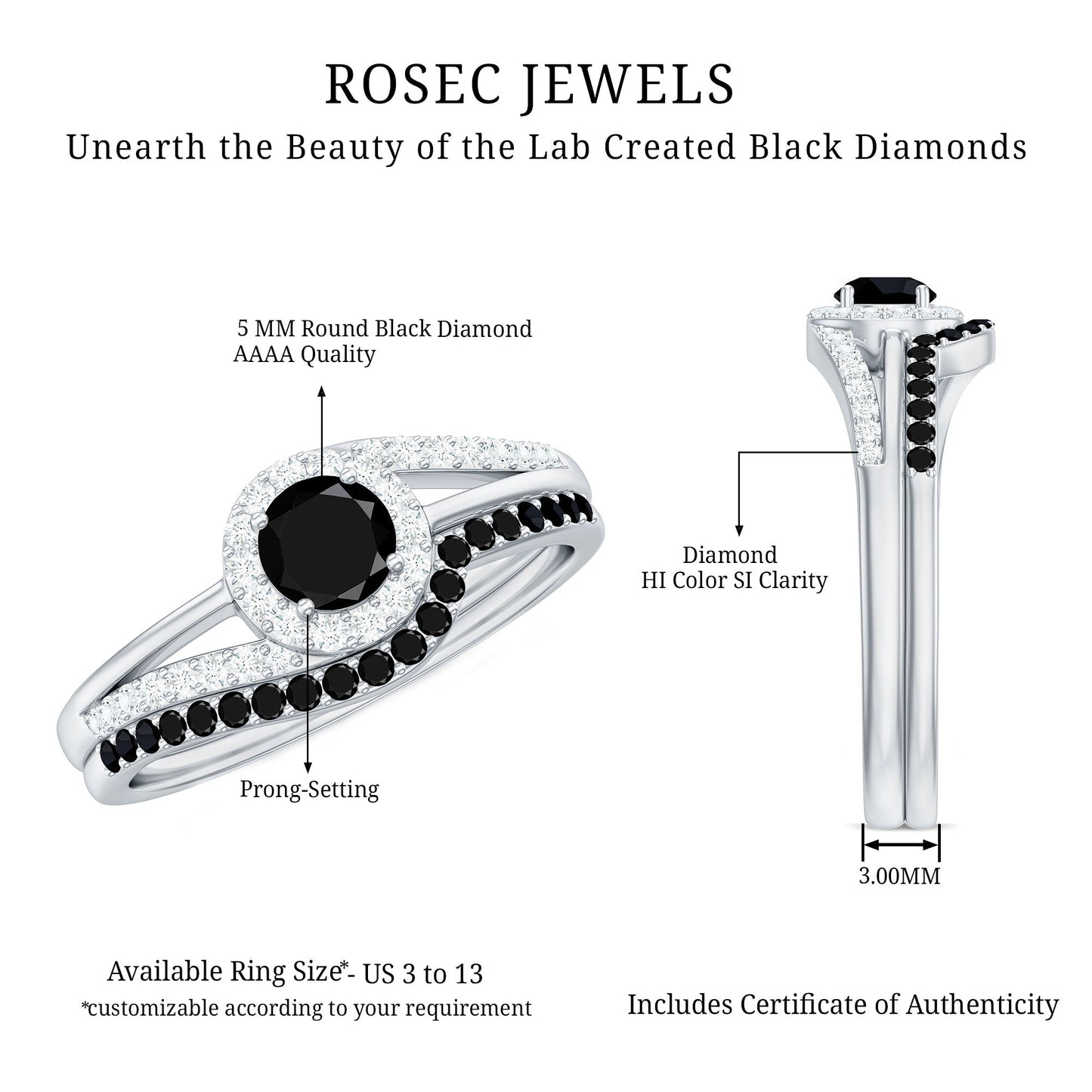 Created Black and White Diamond Minimal Bridal Ring Set
