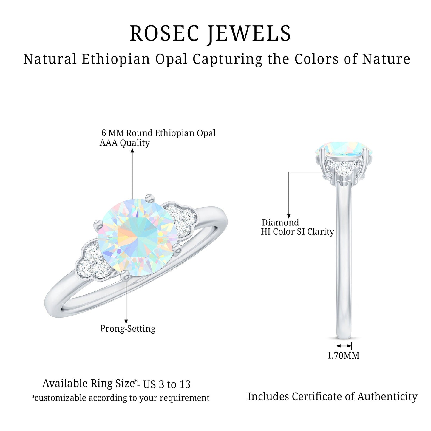 Natural Ethiopian Opal Engagement Ring with Diamond Trio