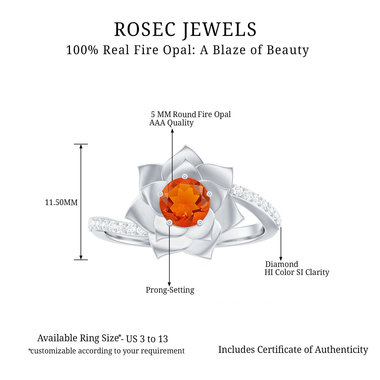 Flower Inspired Fire Opal Engagement Ring with Diamond