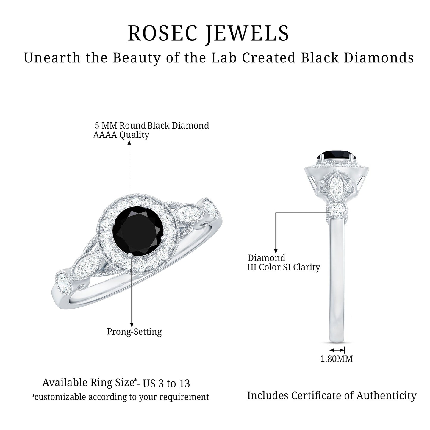 Created Black Diamond Antique Style Engagement Ring with Diamond