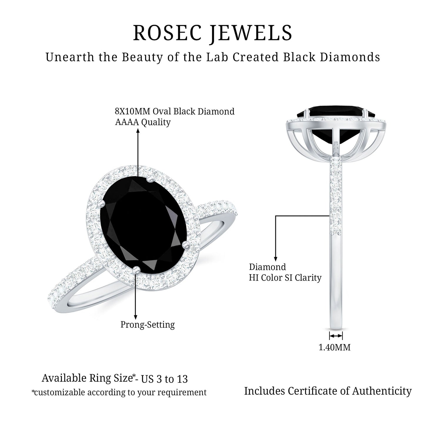3 CT Oval Shape Created Black Diamond and Diamond Halo Engagement Ring