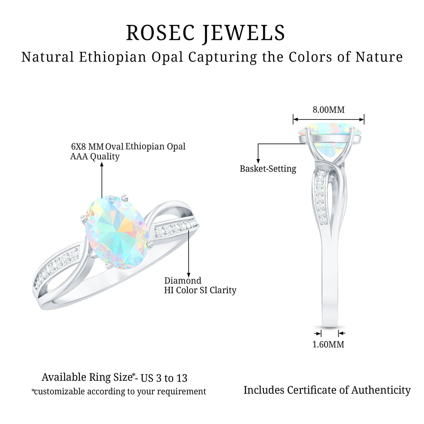 Natural 6X8 mm Oval Opalescent Diamond Engagement Ring with Split Shank