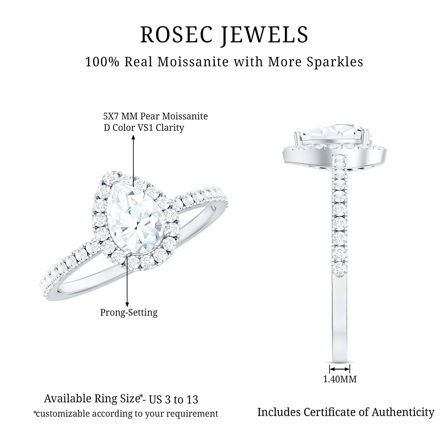 5X7 MM Pear Shaped Moissanite Halo Engagement Ring