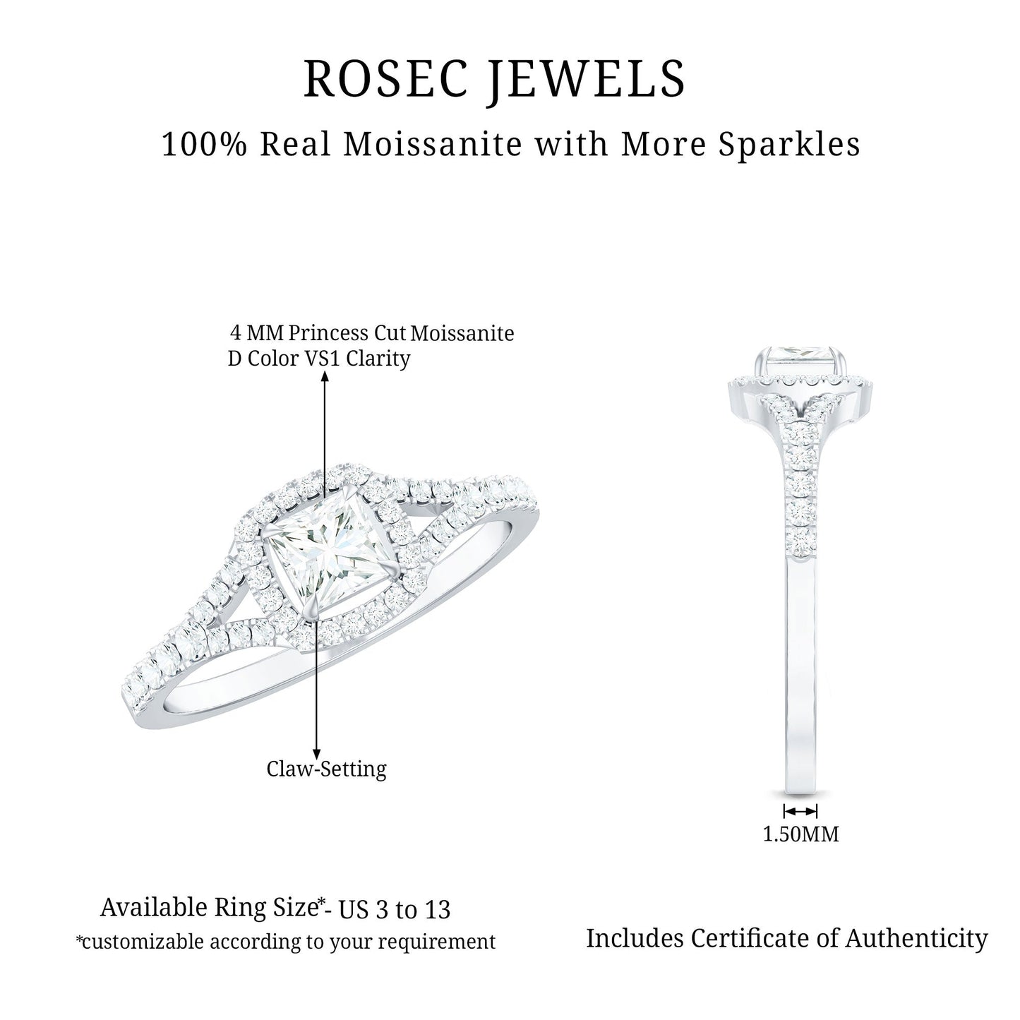 Princess Cut Moissanite Halo Engagement Ring with Split Shank