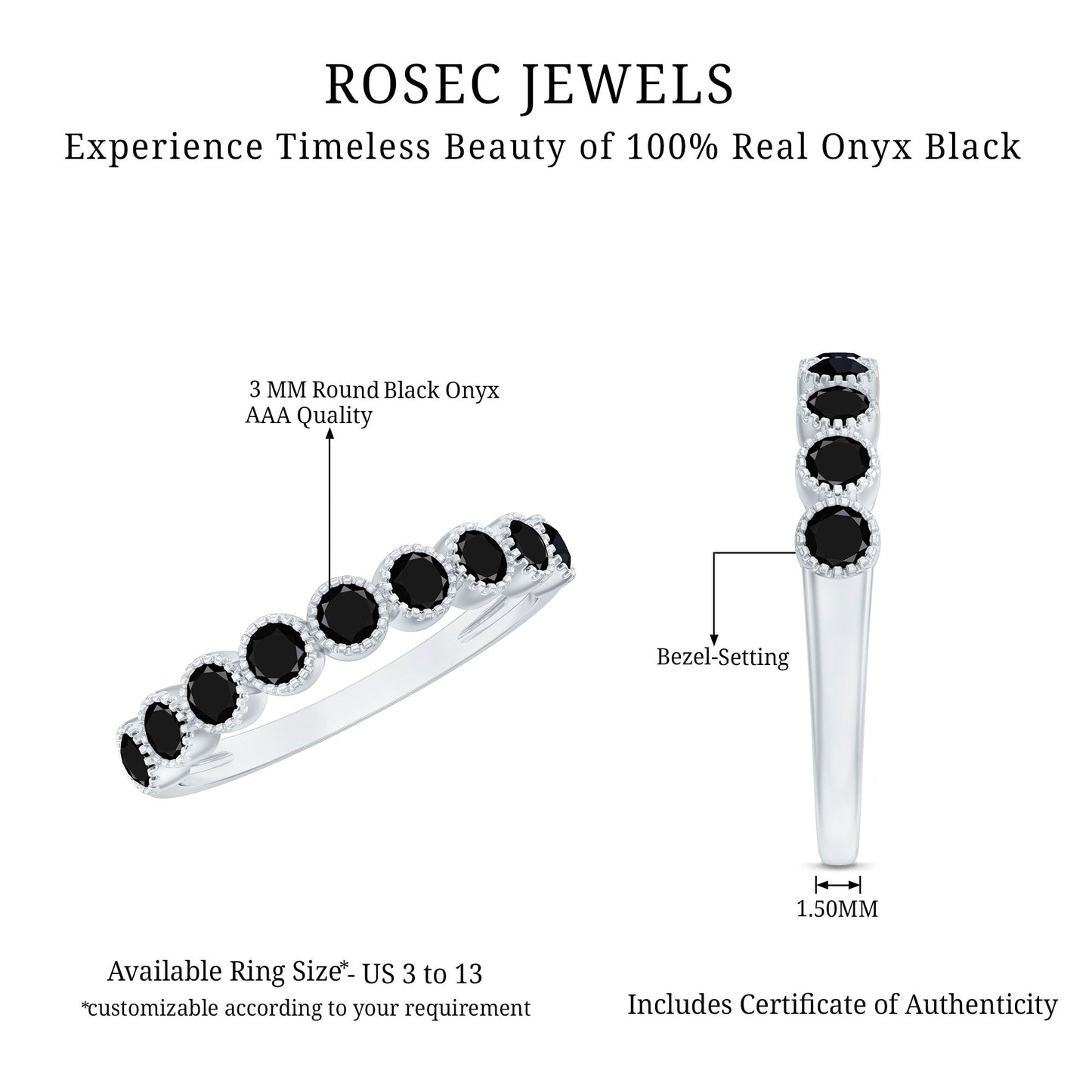 Beaded Bezel Set Black Onyx Half Eternity Wedding Band