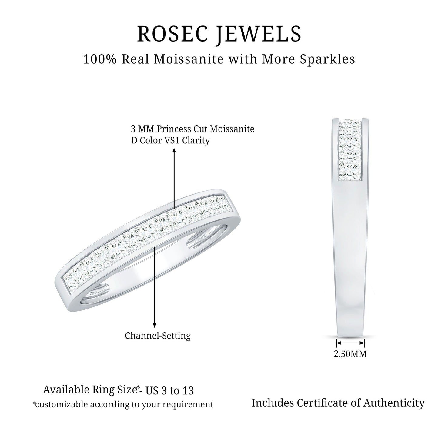 Princess Cut Moissanite Half Eternity Band in Channel Setting