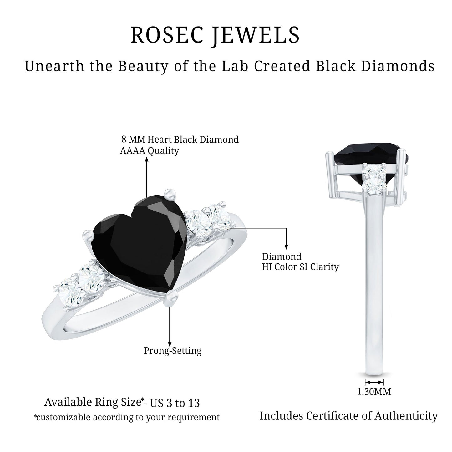 Heart Shape Created Black Diamond Solitaire Promise Ring with Diamond