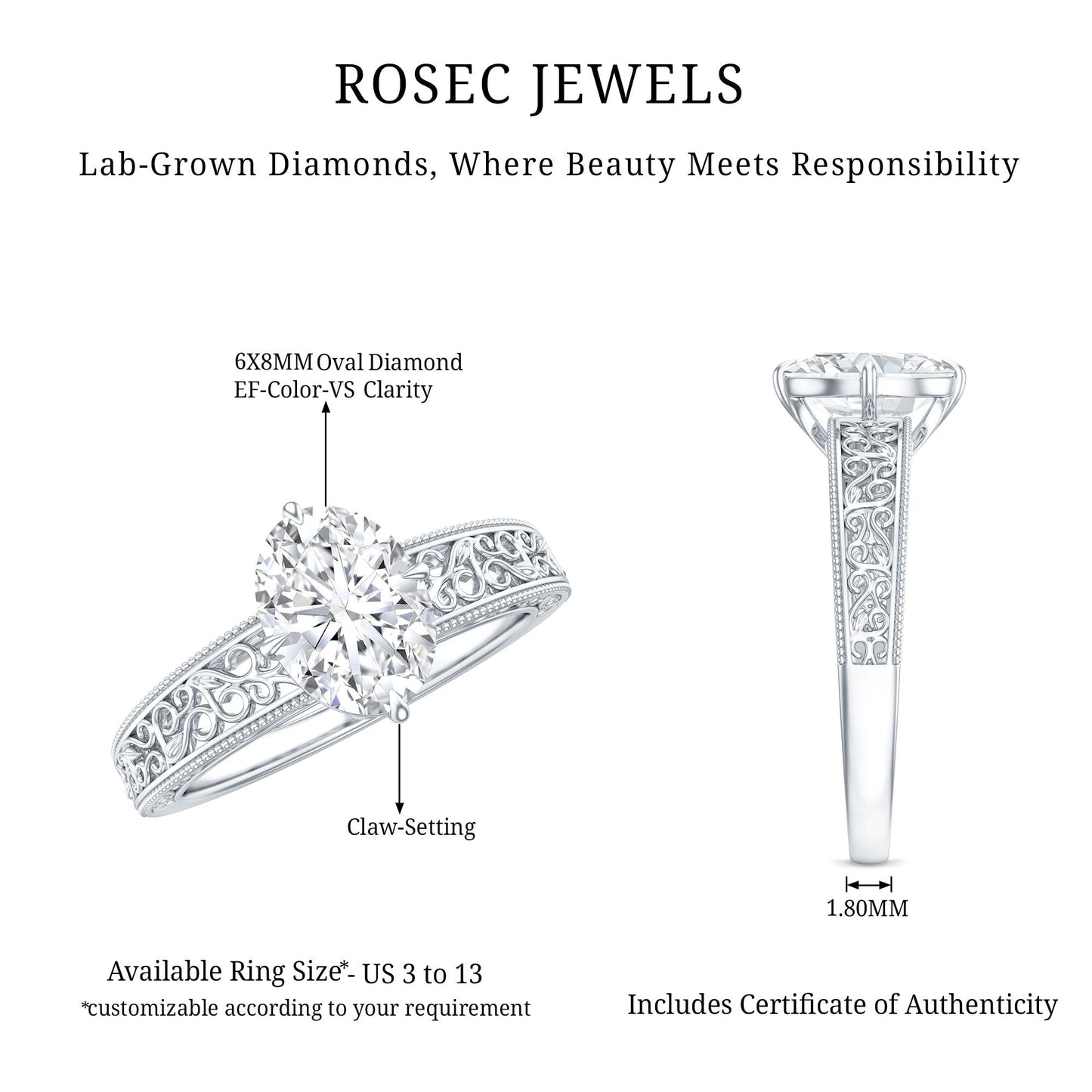 Oval Shape 6X8MM Lab Grown Diamond Filigree Engagement Ring