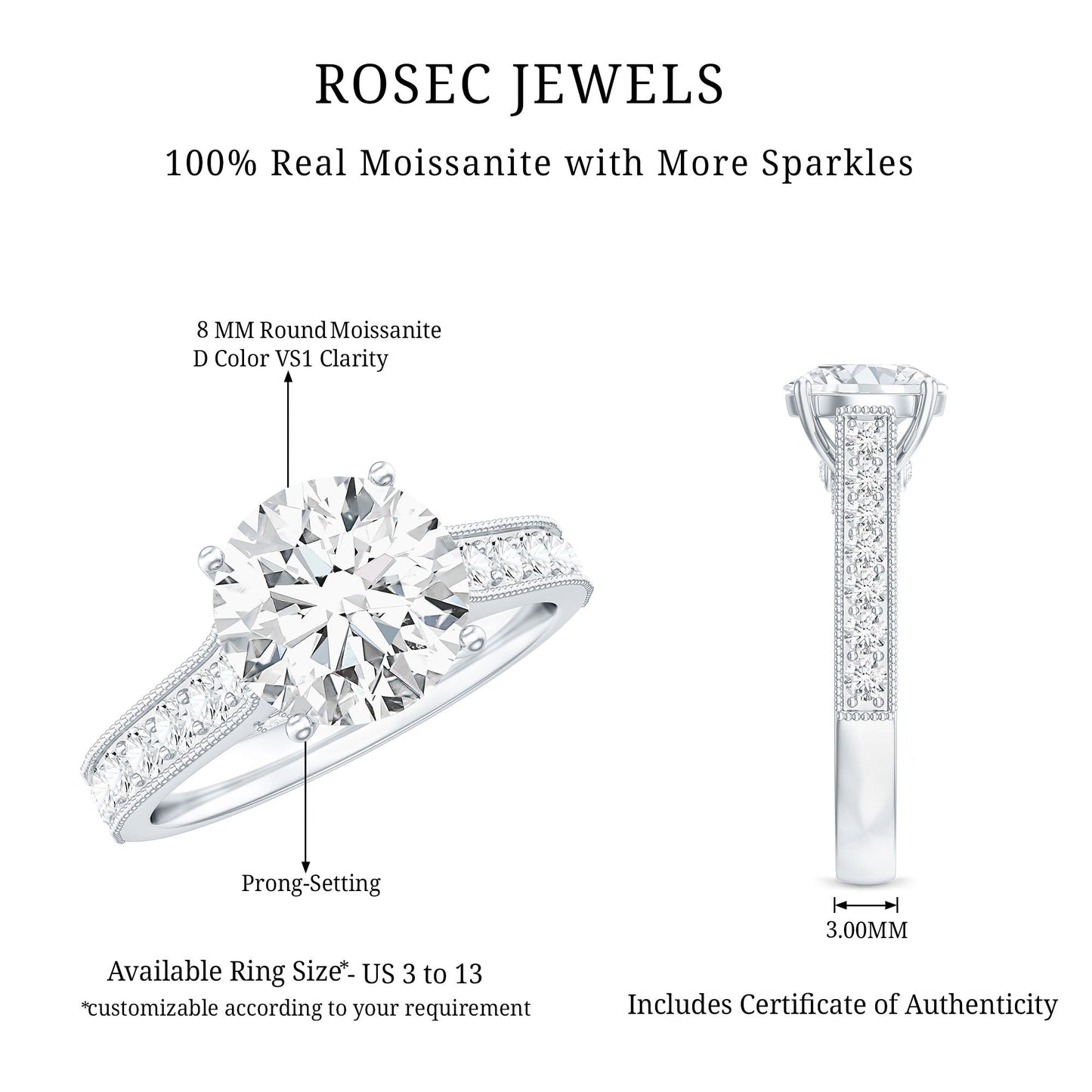 Certified 8 MM Moissanite Solitaire Engagement Ring With Side Stones