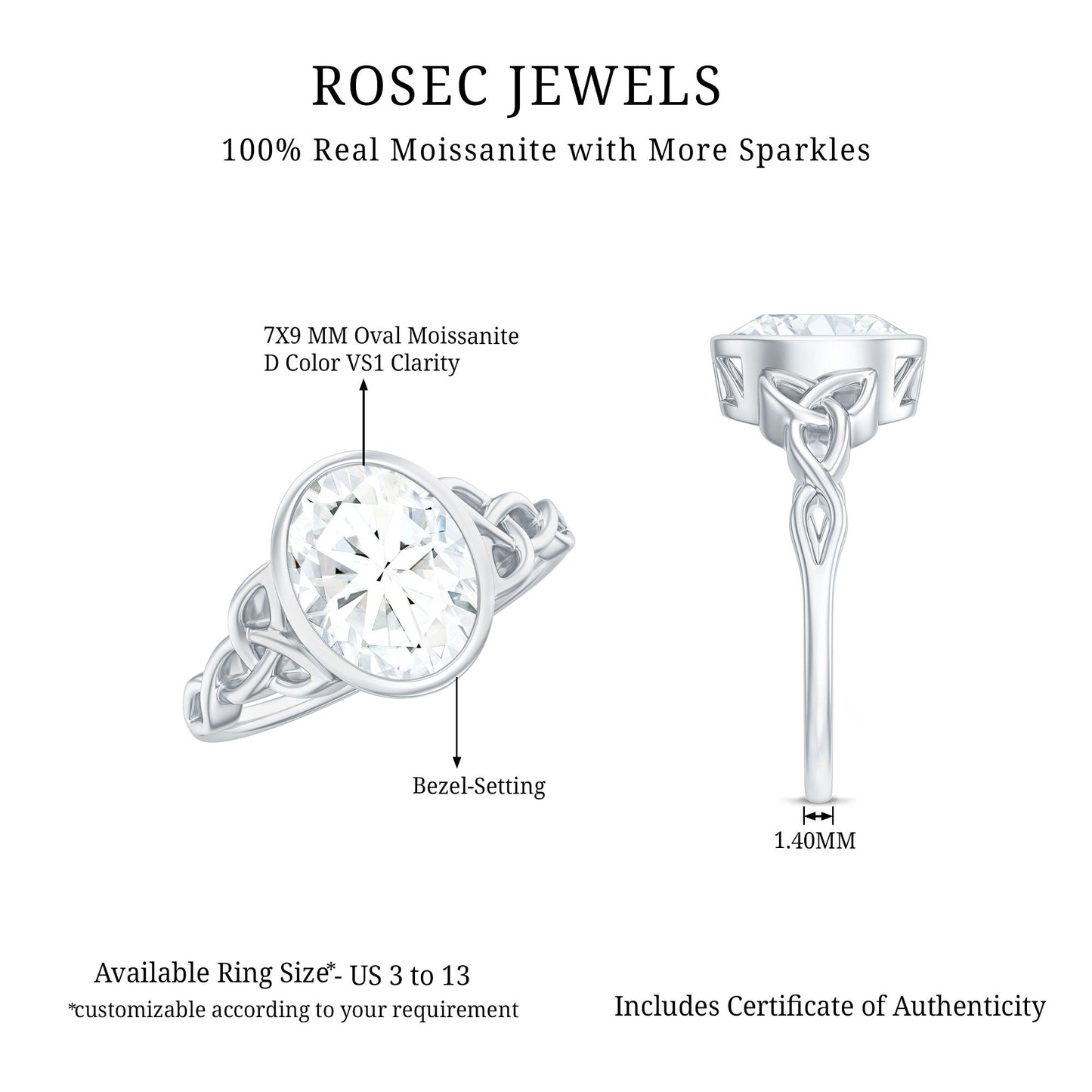 Solitaire Moissanite Celtic Engagement Ring in Bezel Setting