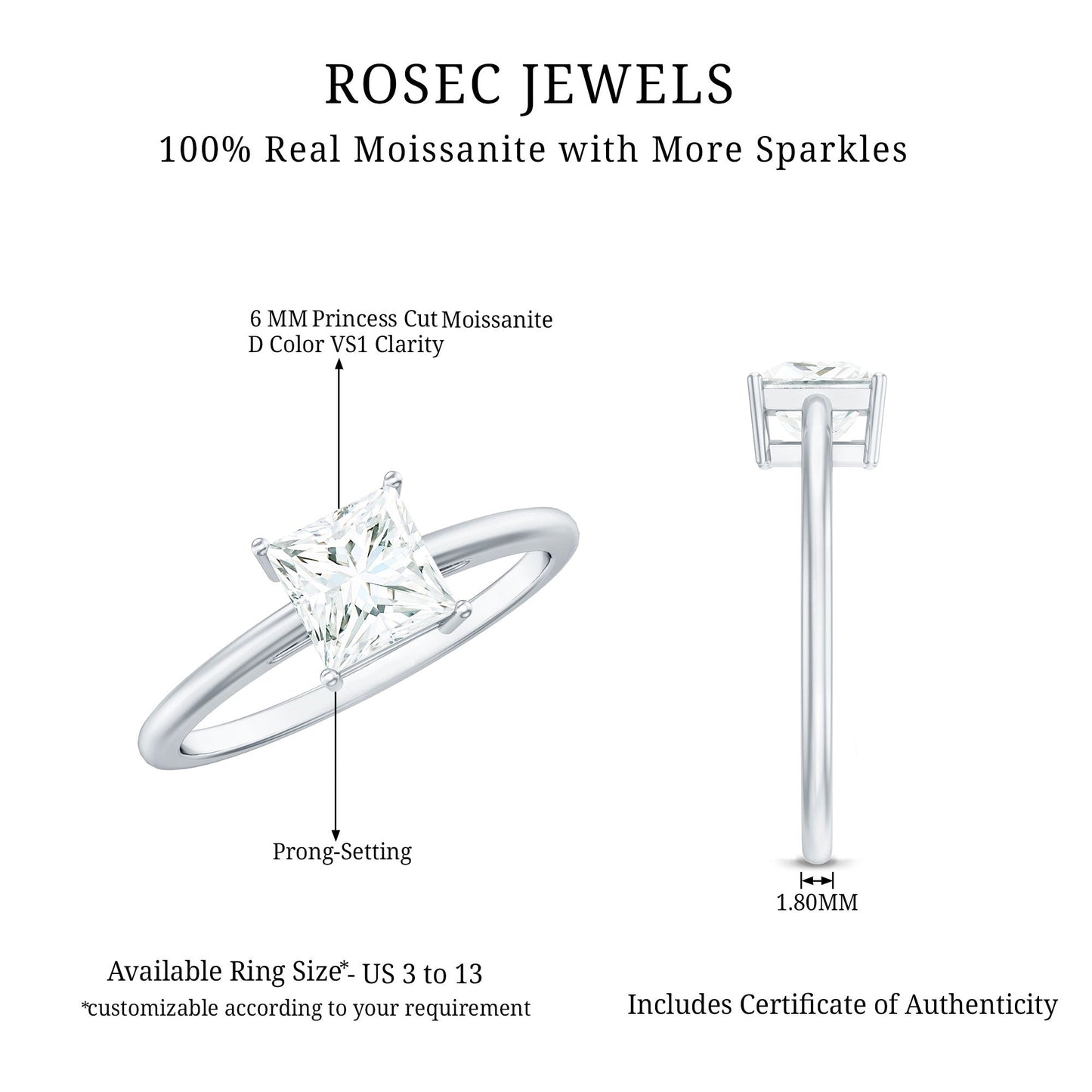 1 CT Princess Cut Moissanite Solitaire Ring for Women