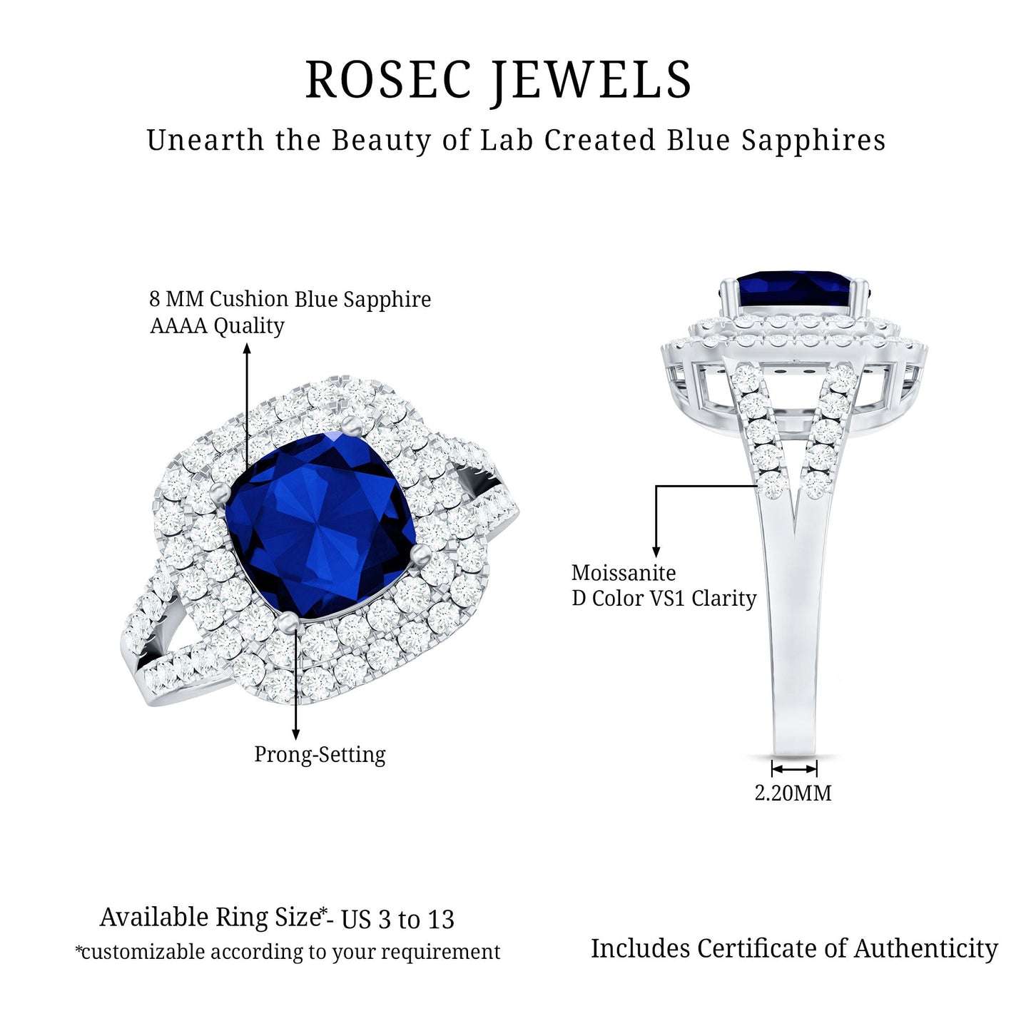 2.7 Carat Cushion Cut Lab Grown Blue Sapphire Engagement Ring with Double Halo